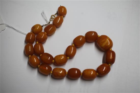 A single strand graduated ovoid amber bead necklace, 38cm.